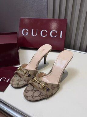 Gucci GG Canvas Horsebit Open‑Toe Heeled Mules